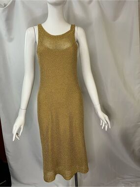 Lauren Ralph Lauren Gold Metallic Crochet Knit Lined Sleeveless Dress